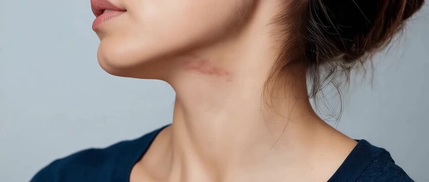A woman's neck is scarred by surgery.