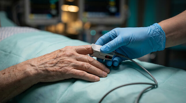 Healthcare professional placing a pulse oximeter on an elderly patient s finger for oxygen saturation monitoring in a hospital setting
