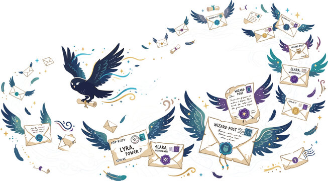 Magical owl messenger flying with winged envelopes acceptance letters and wax sealed documents representing school of wizardry delivery concept vector illustration