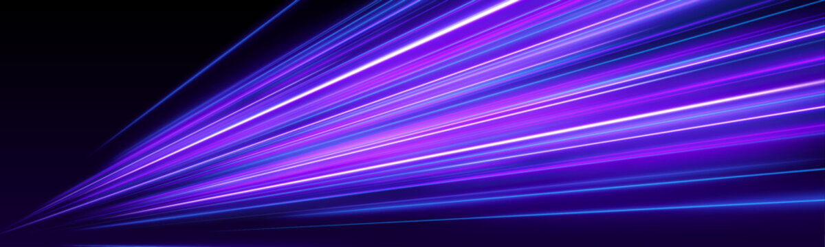 Futuristic neon city highway glowing with purple and blue laser trails twisting along the dark night road, showing fast motion energy vector illustration