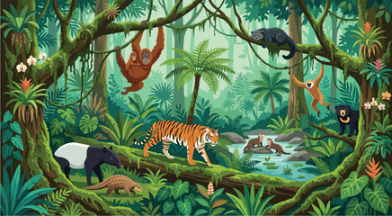 Fototapeta premium A tiger walks through a lush jungle forest with various animals.