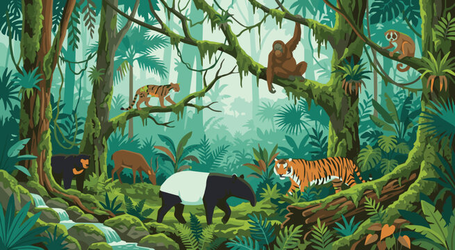 A group of animals including a tiger, monkey, and bison play and rest in a dense jungle environment with trees and plants.