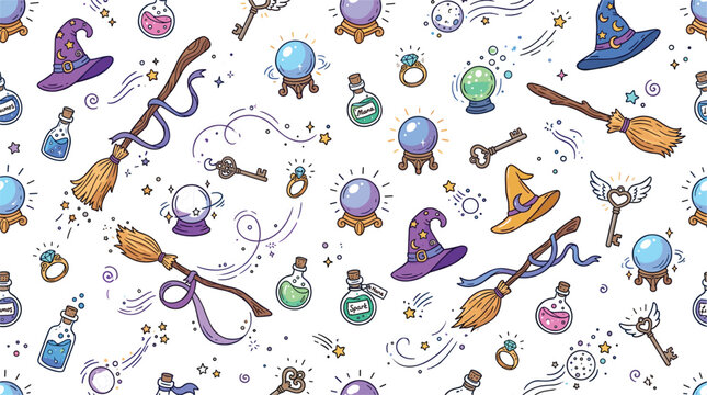 Magical wizard doodle seamless pattern with crystal ball potion bottle flying broomstick witch hat skeleton key and star sparkles vector wallpaper background