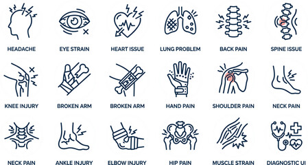 Medical pain and injury line icon set with headache heart issue lung problem back pain broken bones muscle strain and body joint ache vector graphics © Md