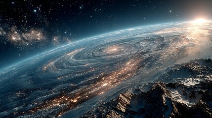 Fototapeta premium Spectacular View of Earth from Space with City Lights and Galaxy.
