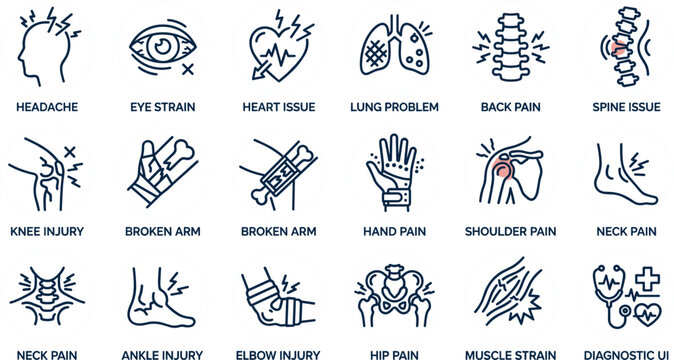 Medical pain and injury line icon set with headache heart issue lung problem back pain broken bones muscle strain and body joint ache vector graphics