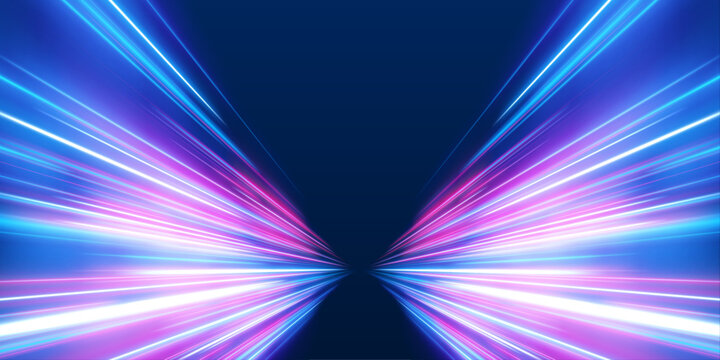 Urban neon expressway with glowing blue purple streaks and laser light trails forming fast dynamic motion energy vector illustration 