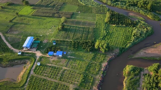Beautiful drone view flying over diverse agricultural valley with green crops fields local farm houses and winding river in countryside during warm golden hour sunset daytime