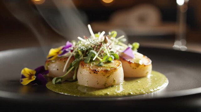 Steaming seared scallops with microgreens, sauce and edible flowers