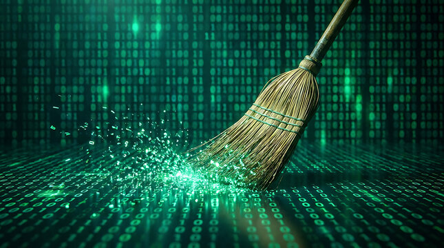 Traditional straw broom sweeping glowing green binary code on a dark digital background representing data cleaning and information technology maintenance