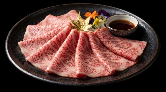 High quality Japanese A5 wagyu beef slices with exquisite marbling pattern arranged in a fan shape on a dark plate with sauce and flowers.