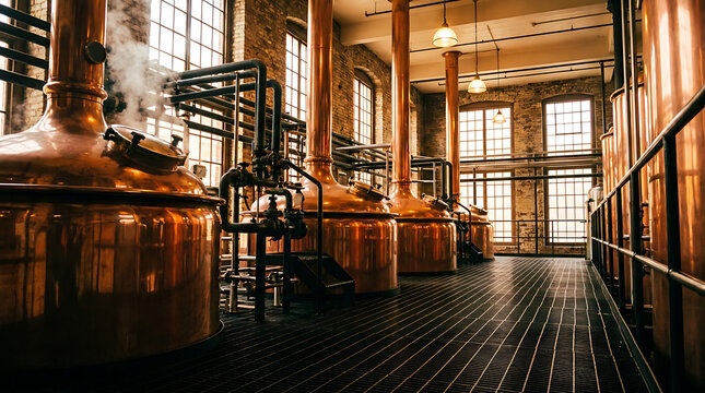 Traditional distillery interior featuring large copper stills and industrial piping for alcohol production in a brick building