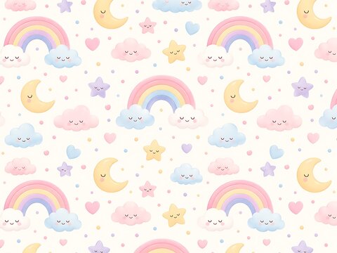 Colorful Rainbow and Cloud Pattern with Faces