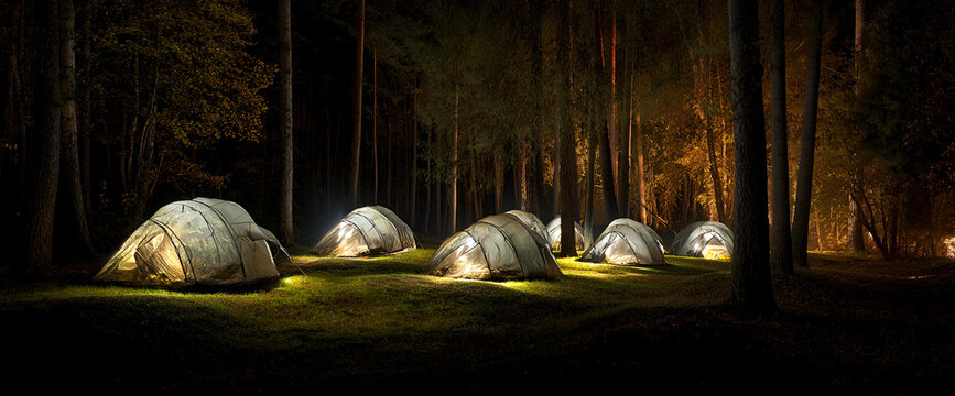 A forest campsite at night. Several tents are illuminated against the dark background of tall trees. The scene depicts quiet, cozy camping