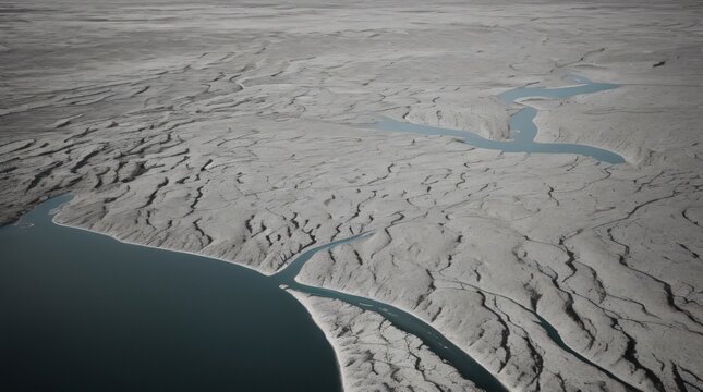 Abstract aerial view of complex river tributaries flowing through arid cracked land.