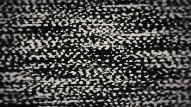 Dynamic abstract video overlay with flickering particles, swirling dust, erratic static, light leaks, glitches, and film grain on black background. Concept of severe vintage film damage