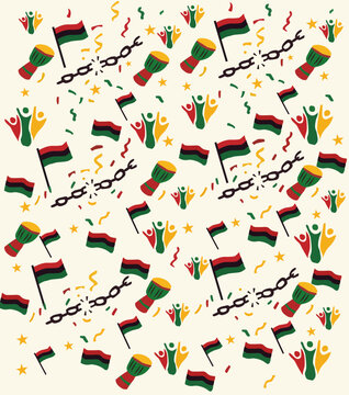 Juneteenth celebrating freedom background Djembe,flags,broken chains