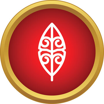 Maori feather koru symbol representing life and growth inside a red and gold button