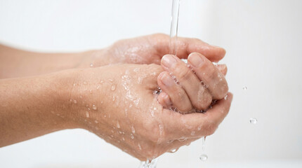 Fototapeta premium Extreme close-up of a woman's hands under running water with splashing drops, studio concept for skincare, hygiene, moisturizing and hydration, isolated on a bright white background, minimalist style