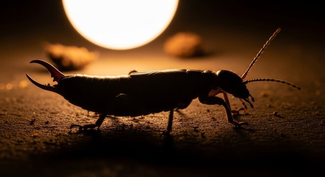 Detailed macro view of an earwig insect with prominent pincers in a silhouetted, dimly lit environment