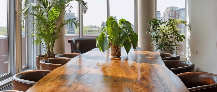 Tall windows, potted plants, leather chairs, and a wooden island that doubles as a dining table