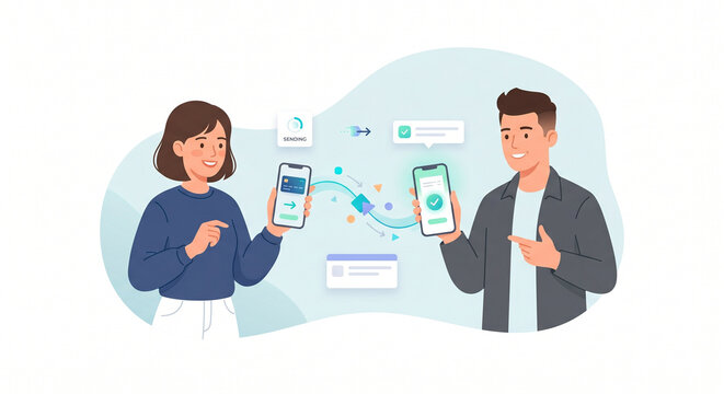 Online Money Transfer Concept with People Sending Funds via Smartphone Apps