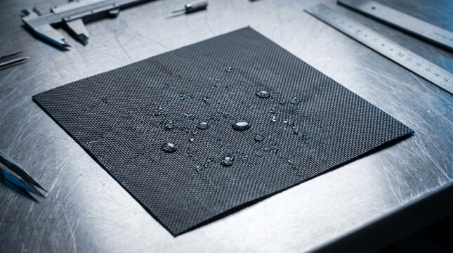 Waterproof carbon fiber fabric sample with liquid droplets on industrial metal workbench with precision engineering tools in workshop