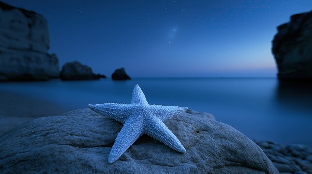 Pale white starfish resting on big rock by calm blue ocean with rocky cliffs under starry night sky showing peaceful coastal nature scene