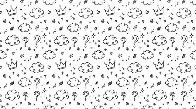 Patterns consisting of whimsical hand drawn crowns and fluffy clouds provide a charming backdrop for creative design work.