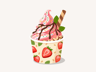 Strawberry soft serve ice cream in cup with chocolate sauce drizzle, colorful sprinkles, almonds, wafer stick, and mint leaves vector © Akasha Design