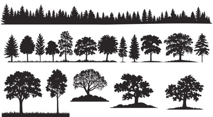 Trees silhouette vector set with pine forest horizon line and various isolated black park plant shapes on white background © Atikul