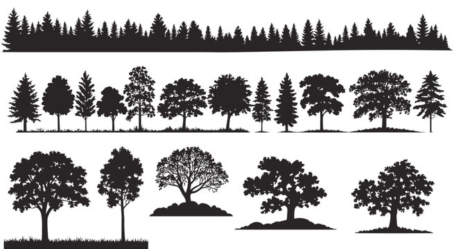 Trees silhouette vector set with pine forest horizon line and various isolated black park plant shapes on white background