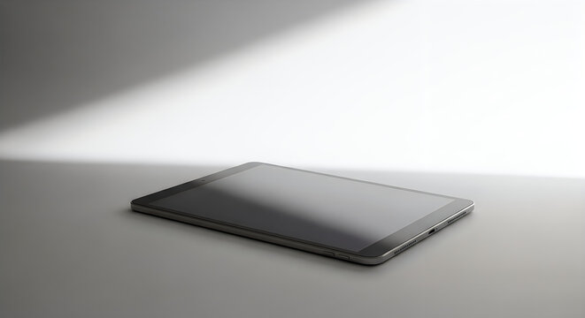 Black tablet on gray surface with light beam illustration