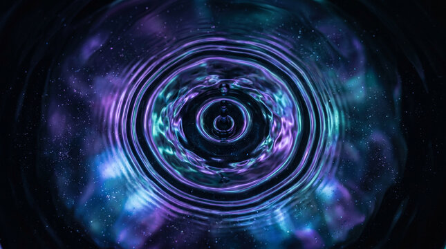 A macro top view of a water drop creating concentric ripples on a surface reflecting a cosmic nebula galaxy with stars and colors.