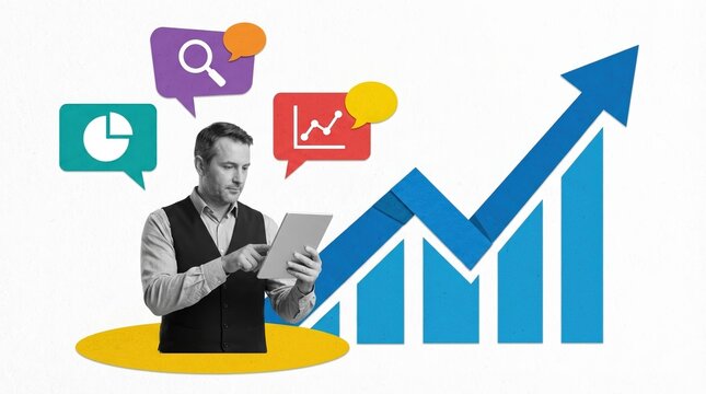 Marketing growth, analytics report, business performance concept with illustrated manager and rising blue chart arrow.