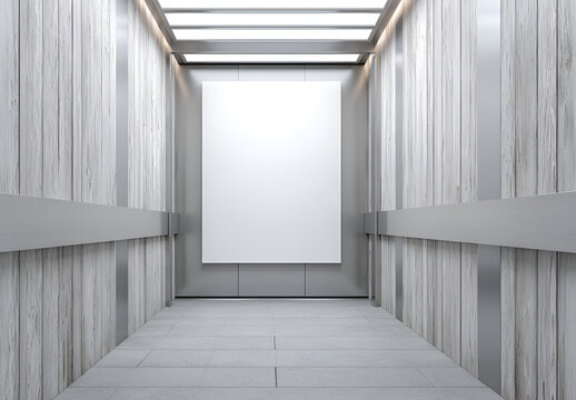 Modern, bright elevator interior with vertical wood paneling, metal accents, and a blank poster. The floor is tiled