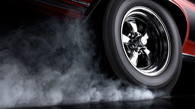 Spinning tire of red classic muscle car with large amount of smoke from burnout showing drag racing power and speed performance concept on dark asphalt