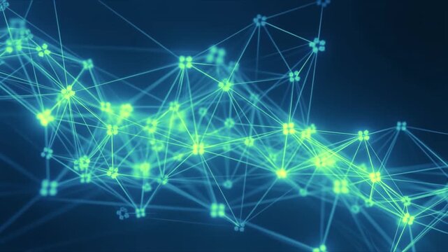 Digital Network Visualization: A luminous abstract representation of interconnected nodes and lines, illustrating the complex web of digital data and technological advancement.