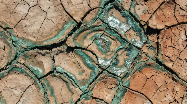 Macro texture of dry cracked earth with vibrant turquoise and emerald green mineral deposits filling parched soil fissures and mud cracks.