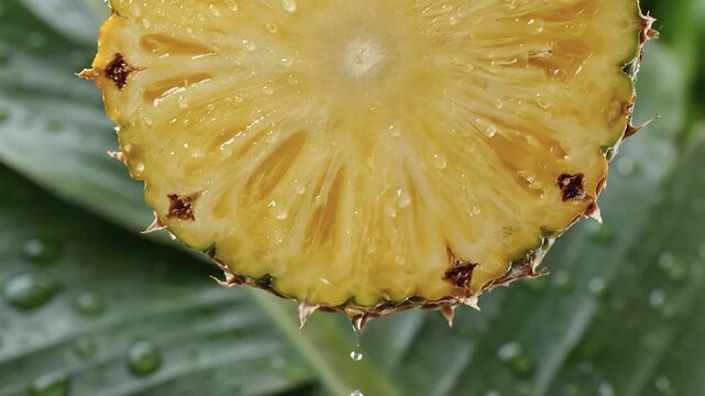 Close up of a fresh pineapple slice with a juice drop on a green leaf background with water droplets