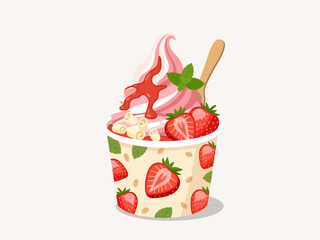 Strawberry soft serve ice cream cup topped with fresh strawberry slices, red syrup, white chocolate curls, and mint leaf vector © Akasha Design