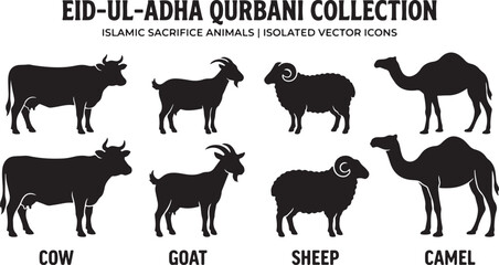 Fototapeta premium Eid al Adha animal silhouettes cow goat sheep and camel vector icons on white background