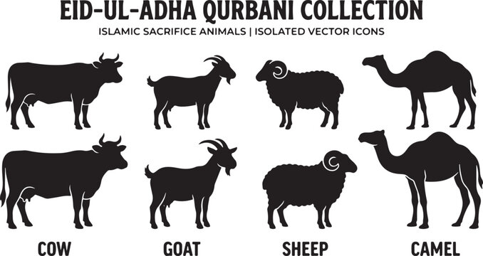Eid al Adha animal silhouettes cow goat sheep and camel vector icons on white background