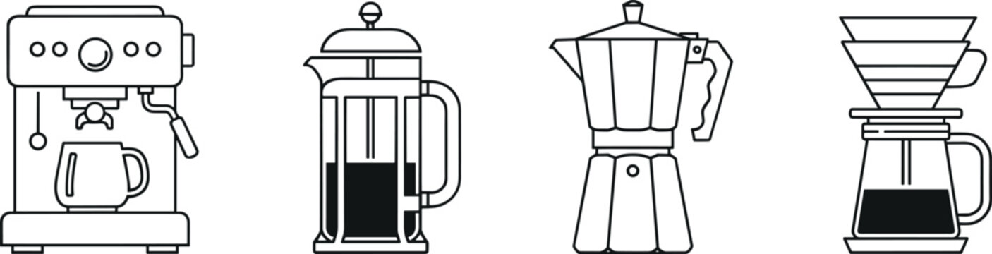 Coffee maker line icon set with espresso machine french press moka pot and pour over dripper vector illustration