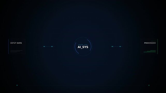 A futuristic digital interface featuring a central circular logo, surrounded by animated data streams and a dark background