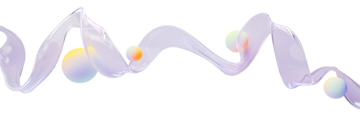Fototapeta premium Liquid glass transparent ribbon flowing on light purple pastel background with soft color gradient spheres. Abstract curve wave line, crystal clear water flow with holographic balls
