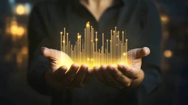 A person holds glowing digital waveforms in hands against a dark backdrop during nighttime