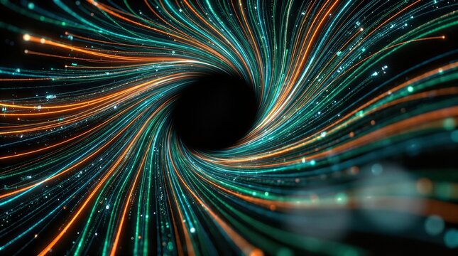 Hyper-realistic quantum data acceleration vortex featuring a cinematic explosion of fiber-optic light trails in vibrant teal and orange hues for premium technology and AI branding backgrounds.