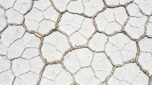 High angle view of cracked white salt flat surface with natural hexagonal patterns and dry arid earth texture in a desert landscape environment