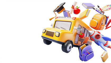 Naklejka premium Back to school 3d banner with flying yellow bus, backpack, books, rocket, stationery supplies, graduation cap and paper diploma on blue background. Welcome education poster template